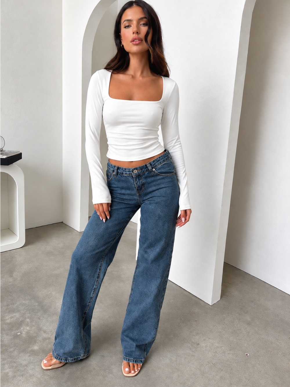 Square Neck Long Sleeve Tee - White